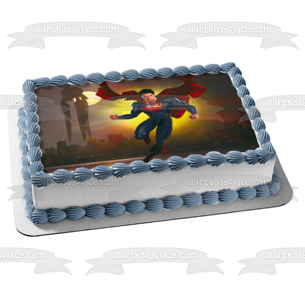 DC Comics Superman Flying Buildings Moonlight Edible Cake Topper Image ABPID49723 For Sale