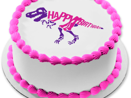 Pink and Purple Dinosaur Skeleton Happy Birthday Edible Cake Topper Image ABPID50283 Fashion