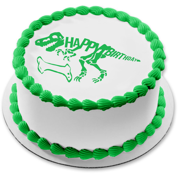 Green Dinosaur Skeleton Happy Birthday Green Bone Edible Cake Topper Image ABPID50290 Online