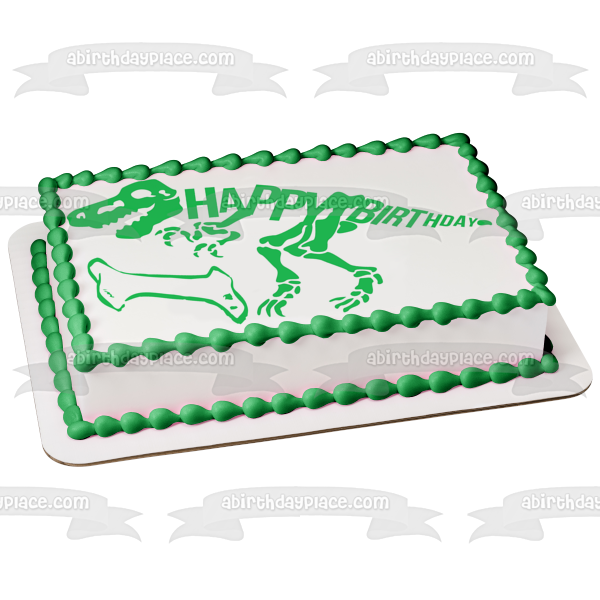 Green Dinosaur Skeleton Happy Birthday Green Bone Edible Cake Topper Image ABPID50290 Online