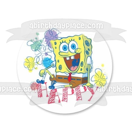 SpongeBob SquarePants Flowers Happy Edible Cake Topper Image ABPID28040 Online