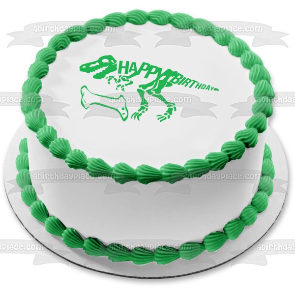 Green Dinosaur Skeleton Happy Birthday Green Bone Edible Cake Topper Image ABPID50290 Online