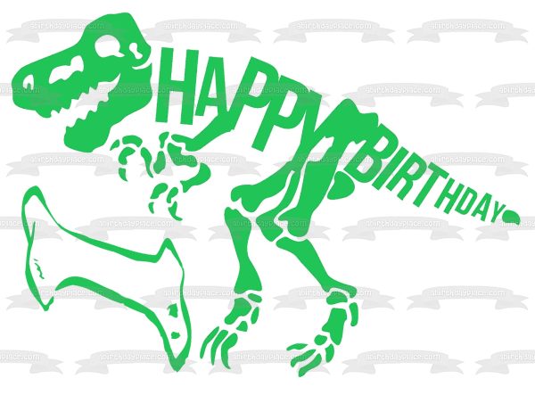 Green Dinosaur Skeleton Happy Birthday Green Bone Edible Cake Topper Image ABPID50290 Online