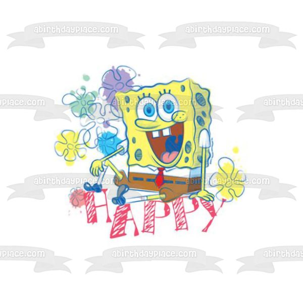 SpongeBob SquarePants Flowers Happy Edible Cake Topper Image ABPID28035 Fashion