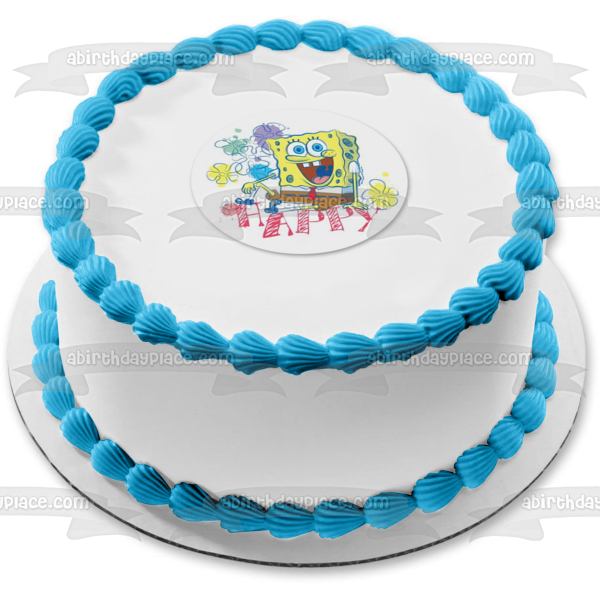 SpongeBob SquarePants Flowers Happy Edible Cake Topper Image ABPID28040 Online