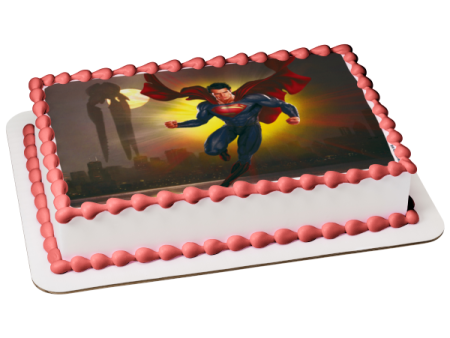 DC Comics Superman Flying Buildings Moonlight Edible Cake Topper Image ABPID49723 For Sale