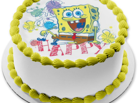 SpongeBob SquarePants Flowers Happy Edible Cake Topper Image ABPID28040 Online