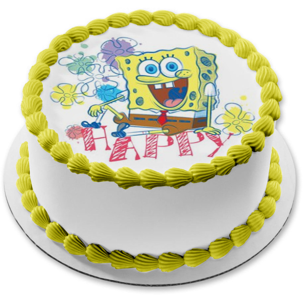 SpongeBob SquarePants Flowers Happy Edible Cake Topper Image ABPID28040 Online